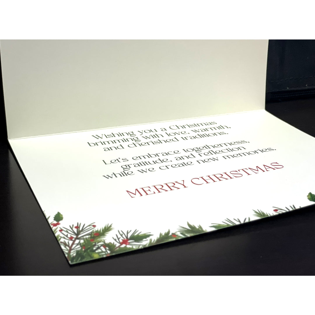 Cherished Traditions (Mr. and Mrs. Claus): African American Christmas Card Box Set (Lifestyle, Interior 2) - Christmas card with festive text and greenery on a white background