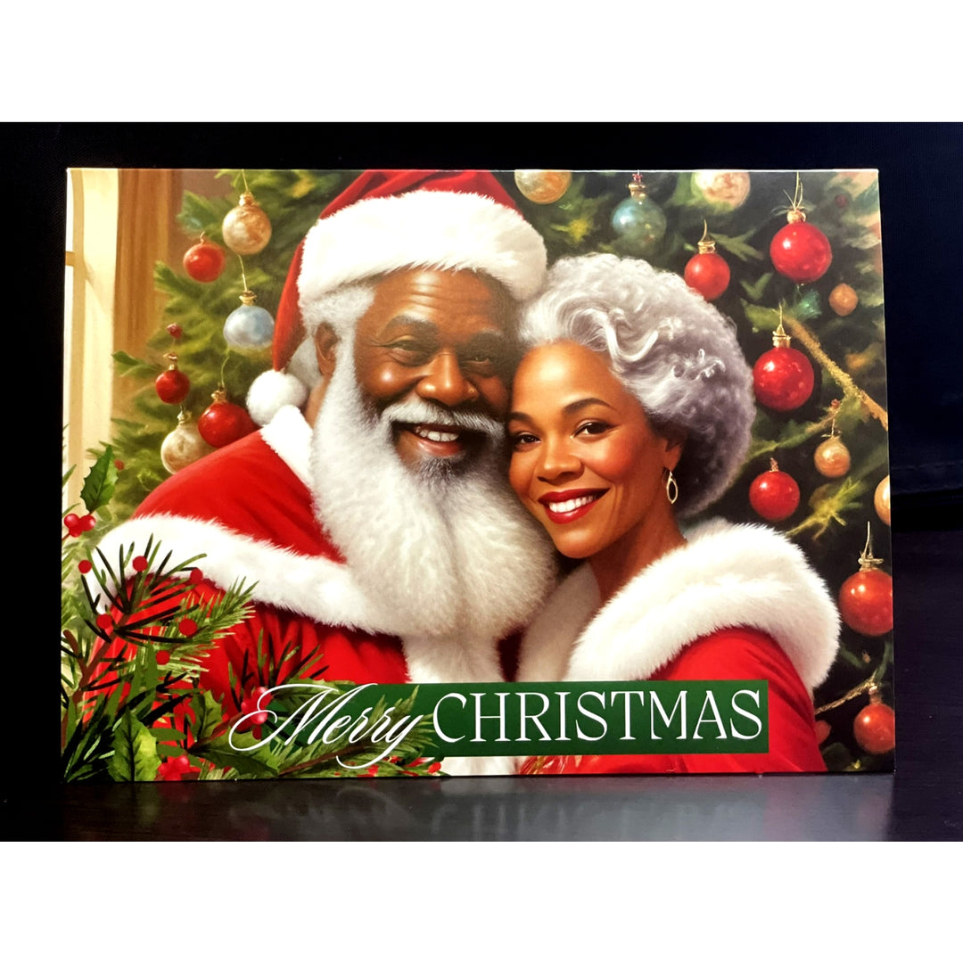 Cherished Traditions (Mr. and Mrs. Claus): African American Christmas Card Box Set (Lifestyle, Front) - Christmas card with a man in Santa Claus outfit and a woman embracing him, surrounded by Christmas decorations.
