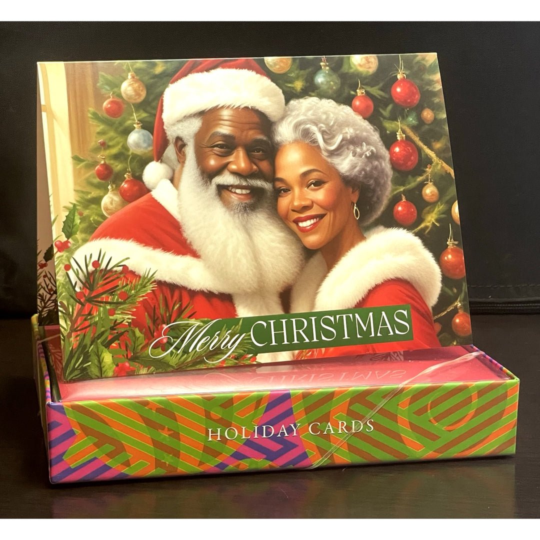Cherished Traditions (Mr. and Mrs. Claus): African American Christmas Card Box Set (Full Box) - Box of holiday cards featuring a man and woman with Santa Claus, surrounded by Christmas decorations.