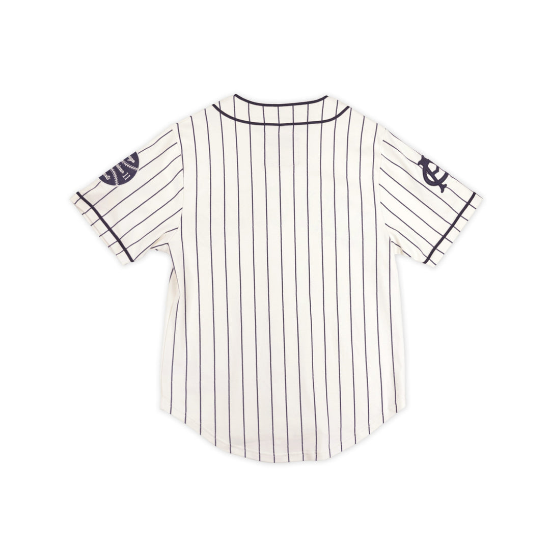 Chicago American Giants Heritage Negro Leagues Baseball Jersey (Rear) - A short-sleeve baseball-style jersey shown from the back, featuring thin vertical navy pinstripes on an off-white base, with dark piping along the collar and sleeve edges.