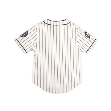 Chicago American Giants Heritage Negro Leagues Baseball Jersey (Rear) - A short-sleeve baseball-style jersey shown from the back, featuring thin vertical navy pinstripes on an off-white base, with dark piping along the collar and sleeve edges.