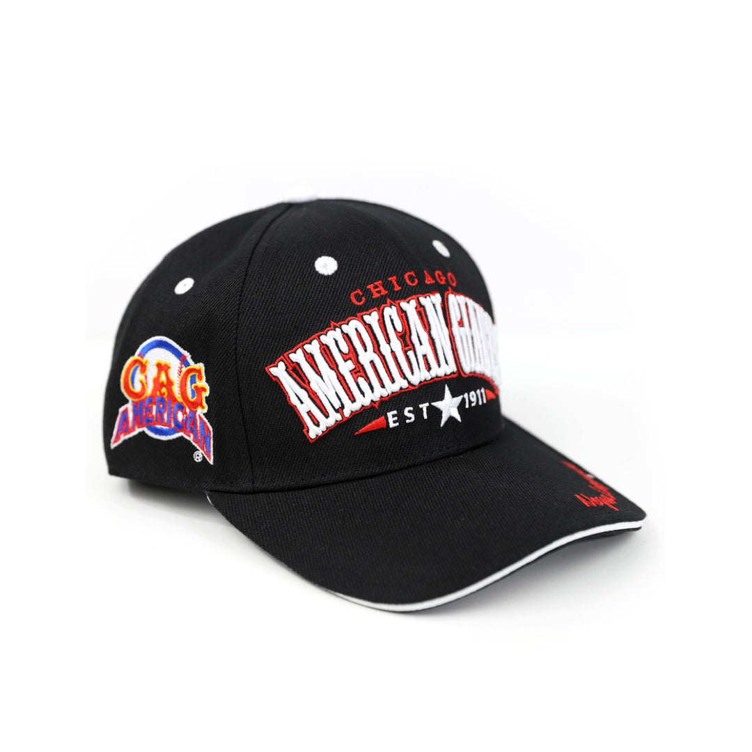 Chicago American Giants Legends Cap (Front) - Black cap with colorful text and logos on a white background