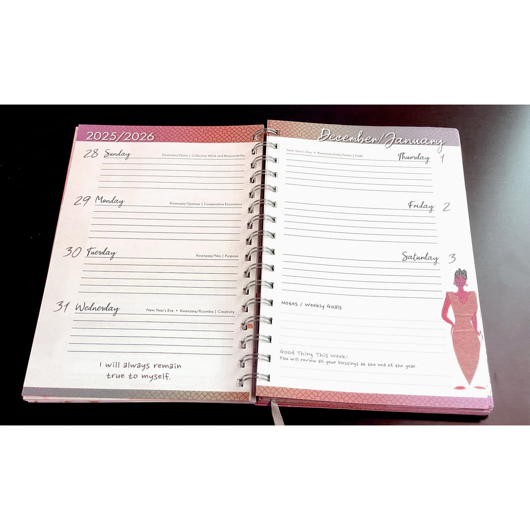 Favor and Glory by Cidne Wallace: 2026 Weekly Inspirational Planner (Daily View) - Open planner showing a weekly layout with a pink cover and design.