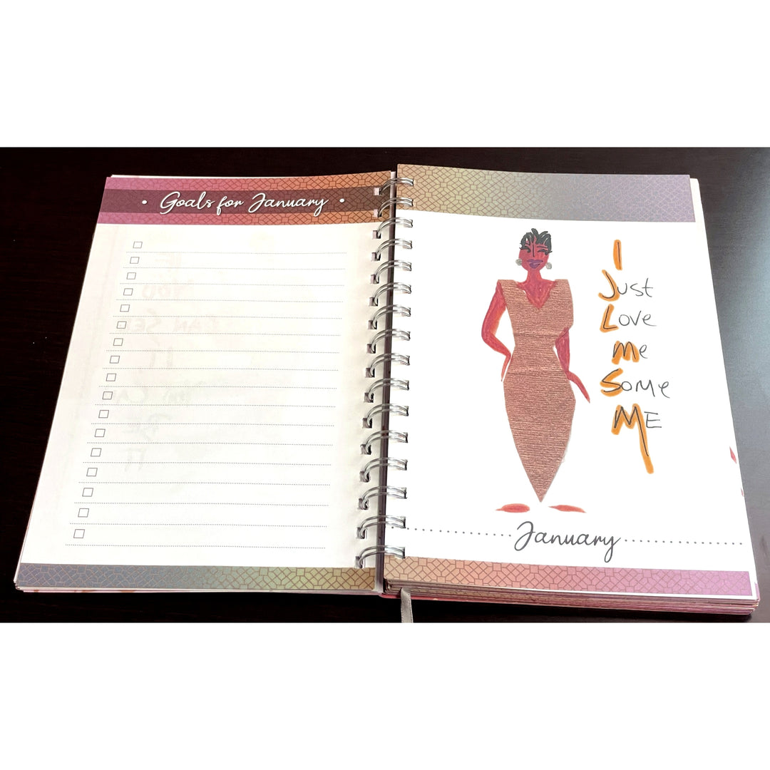 Can't Keep a Good Sistah Down by Cidne Wallace: 2026 African American Weekly Inspirational Planner (Goals Page) - Open planner with a page titled 'Goals for January' and another with an illustration of a woman and text.