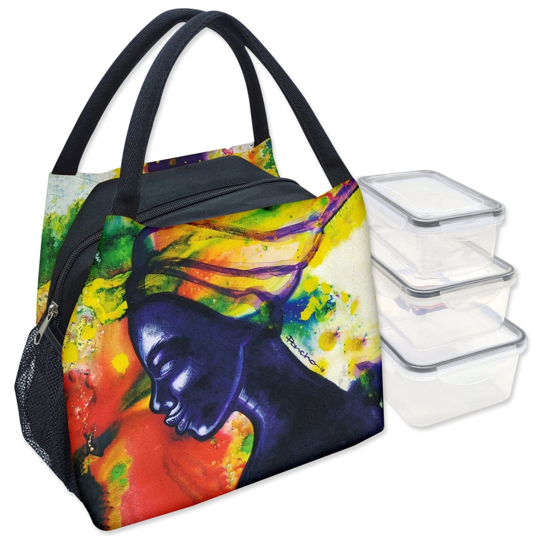 Larry "Poncho" Brown's Color My Soul lunch bag with blue profile on vibrant background (Main Image)