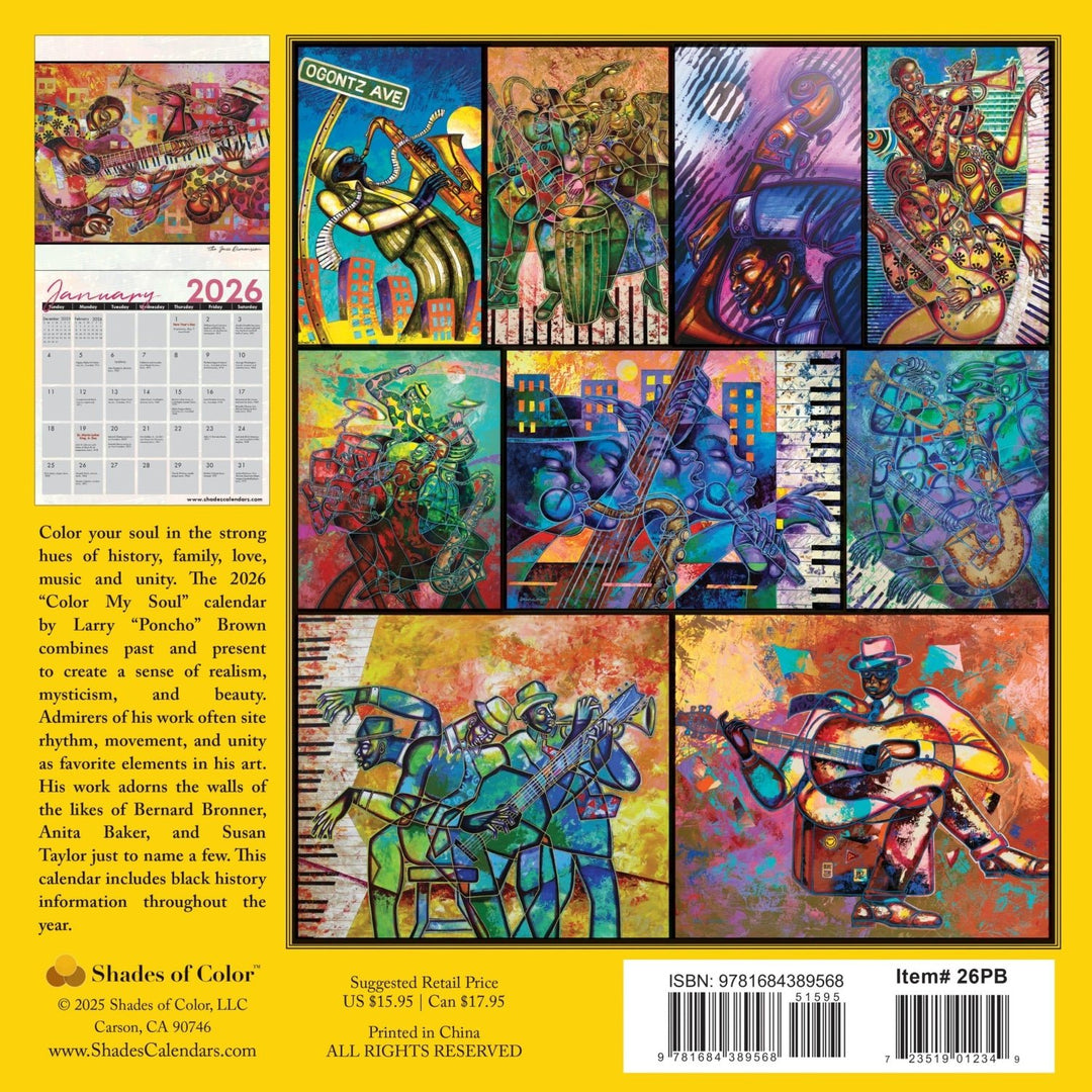 Color My Soul: The Art of Larry "Poncho" Brown 2026 Wall Calendar (Back) - Colorful calendar cover with artistic illustrations of musicians and text on a yellow background