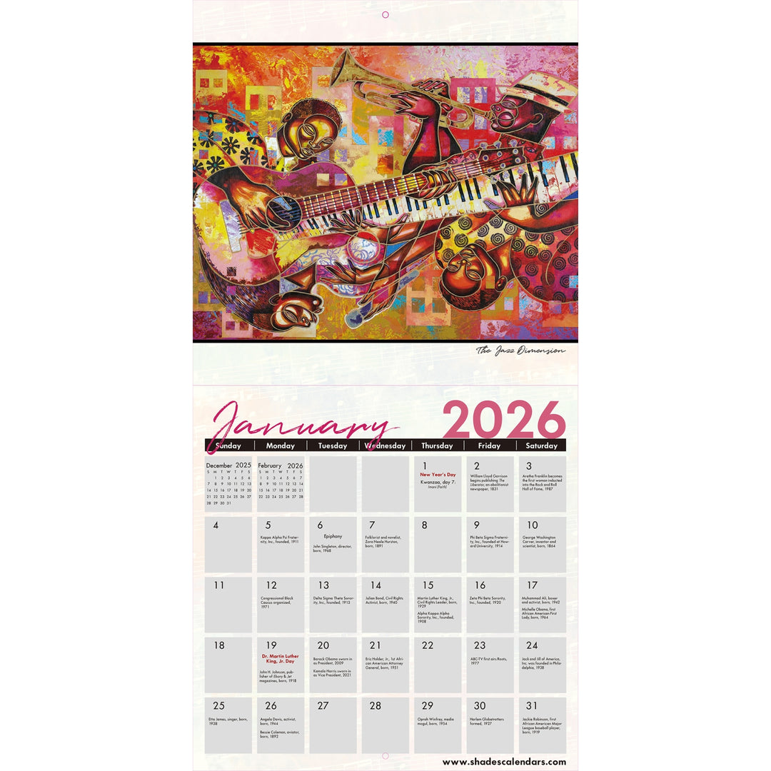 Color My Soul: The Art of Larry "Poncho" Brown 2026 Wall Calendar (Inside) - Calendar for January 2026 with a colorful abstract design featuring musical instruments.