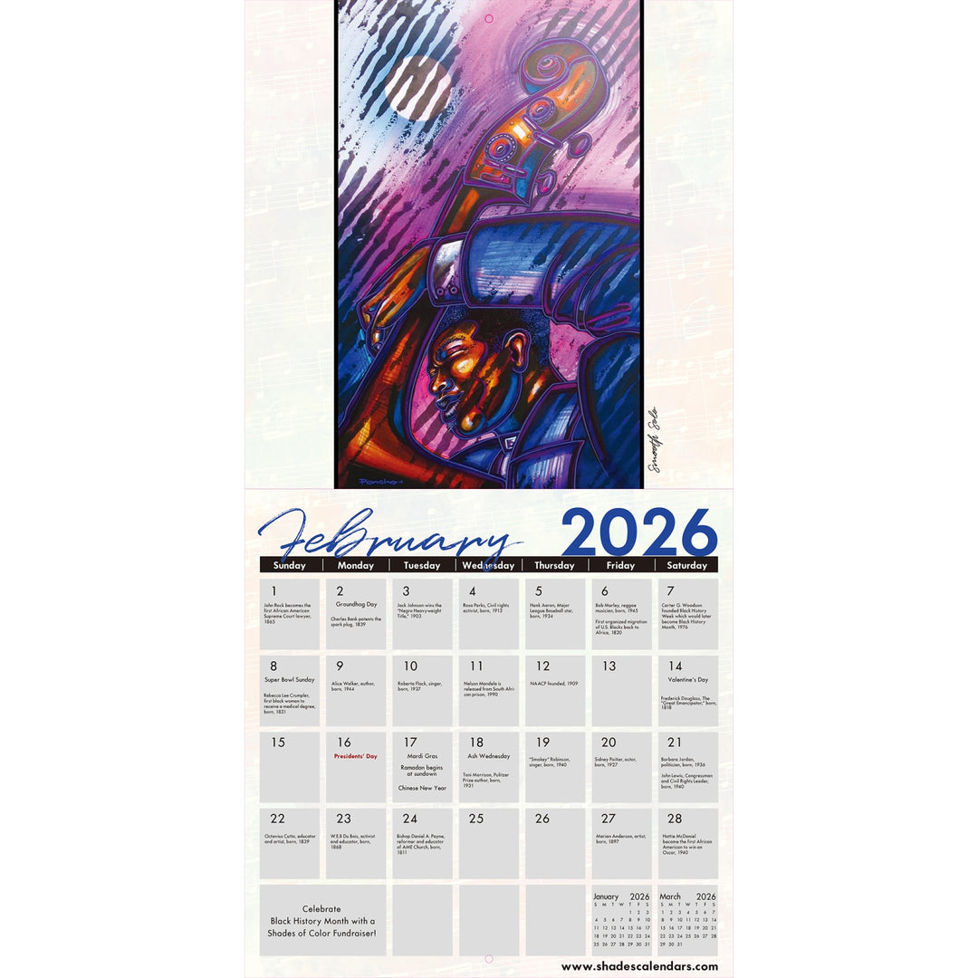 Color My Soul: The Art of Larry "Poncho" Brown 2026 Wall Calendar (Inside 2) - Calendar for February 2026 with a colorful abstract design on a white background
