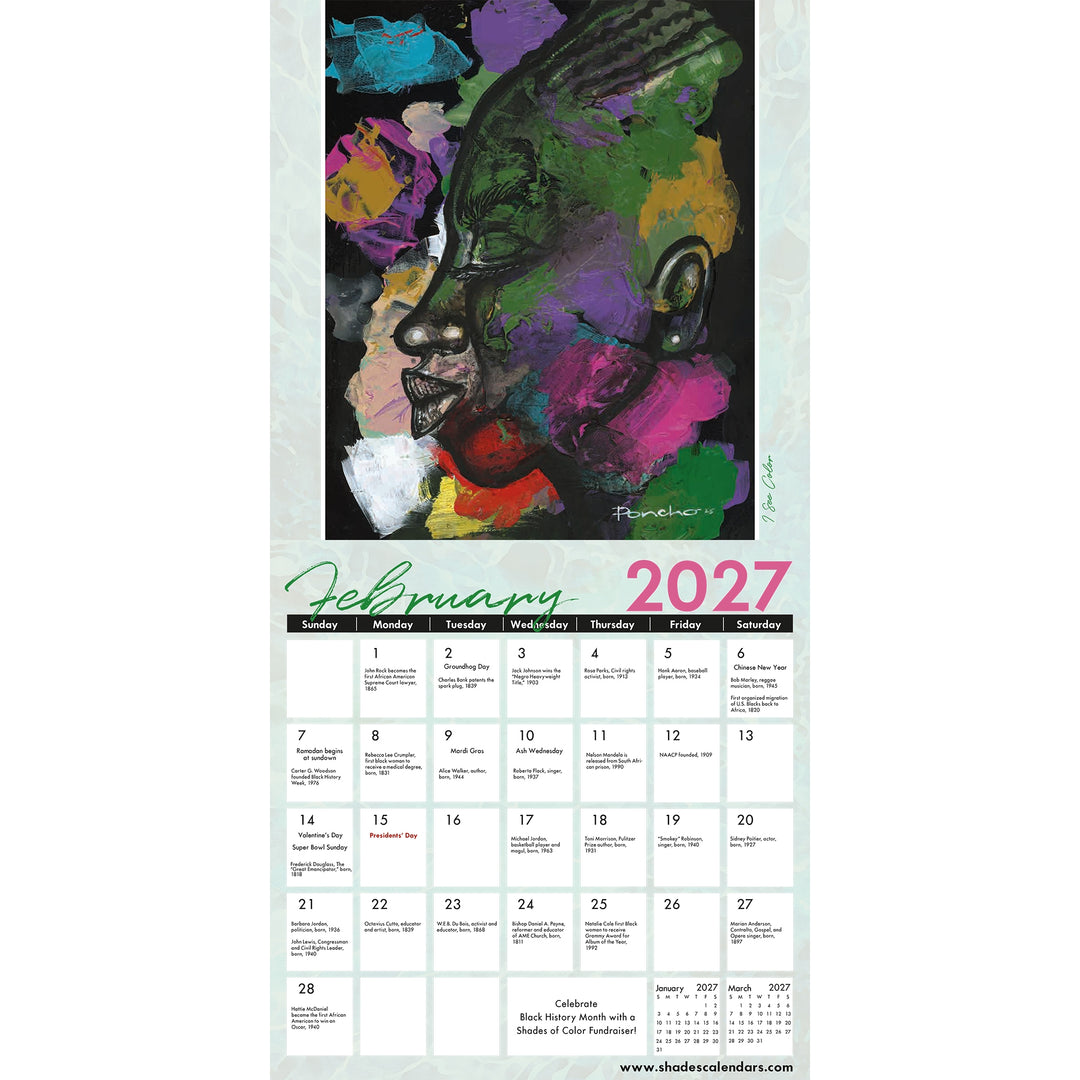 Color My Soul: The Art of Larry "Poncho" Brown 2027 Wall Calendar (Interior, February) - A vertical February 2027 calendar page featuring a colorful abstract portrait artwork at the top and a grid of dates below on a pale mint background.