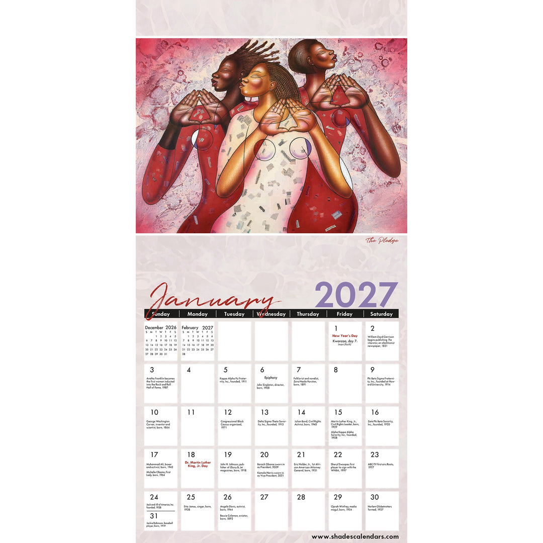 Color My Soul: The Art of Larry "Poncho" Brown 2027 Wall Calendar (Interior, January) - A vertical wall calendar page for January 2027 featuring an illustrated artwork at the top of three embracing figures against a pink textured background, with a monthly calendar grid below.