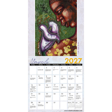 Color My Soul: The Art of Larry "Poncho" Brown 2027 Wall Calendar (Interior, March) - A vertical wall calendar page for March 2027, featuring a large artistic portrait of a person with a purple flower above a monthly calendar grid. The top artwork has green, purple, brown, and yellow tones, while the lower calendar section is mostly white with black text and a yellow '2027' heading.