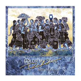 Color My Soul: The Art of Larry "Poncho" Brown 2027 Wall Calendar (Main) - A square 2027 calendar titled 'Color My Soul' by artist Rachel, featuring an illustration of women in patterned black and blue garments against a textured gold and cream background, with a blue marbled border.