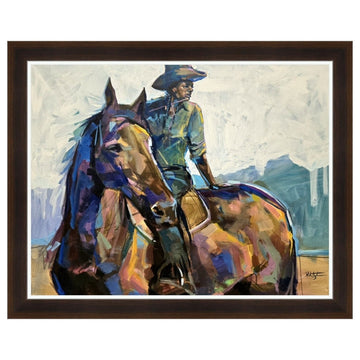 Cowgirl by Robert Jackson (Brown Frame) - Painting of a cowboy on a horse with a stylized background