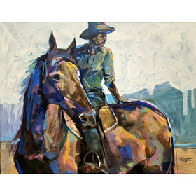 Cowgirl by Robert Jackson (Unframed) - Painting of a person riding a horse with a stylized background