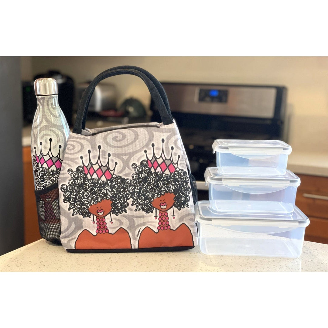Kiwi McDowell's Crowns and Curls lunch bag with queens wearing pink crowns (Lifestyle 4)