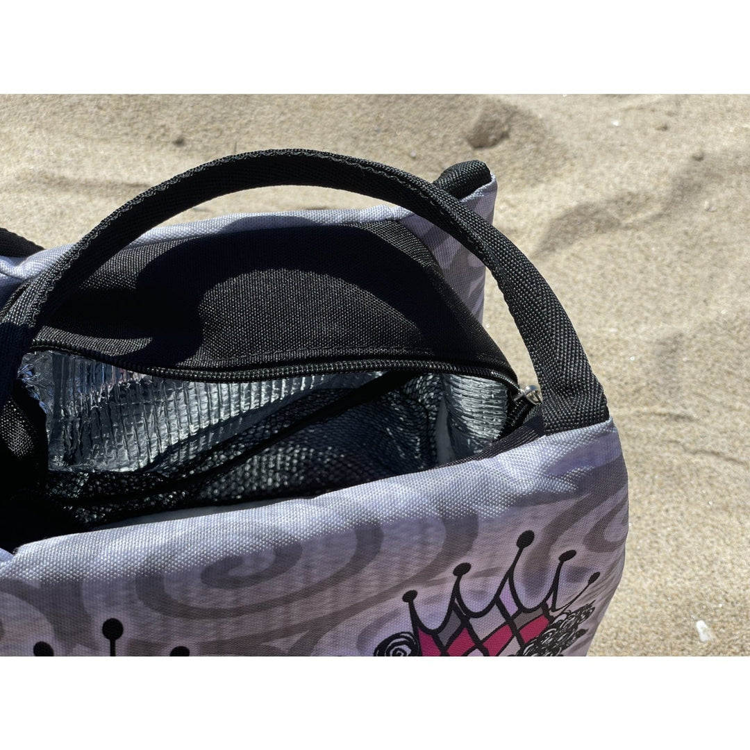Kiwi McDowell's Crowns and Curls lunch bag with queens wearing pink crowns (Lifestyle 5)