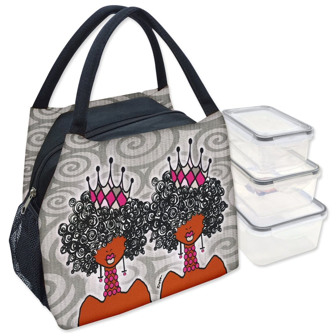 Kiwi McDowell's Crowns and Curls lunch bag with queens wearing pink crowns (Main Image)