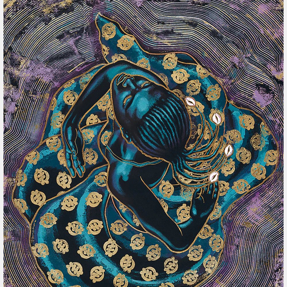 Divine Spirit by Larry "Poncho" Brown - Artistic depiction of a person with gold patterns on a textured blue and purple background