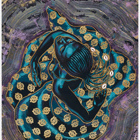 Divine Spirit by Larry "Poncho" Brown - Artistic depiction of a person with gold patterns on a textured blue and purple background