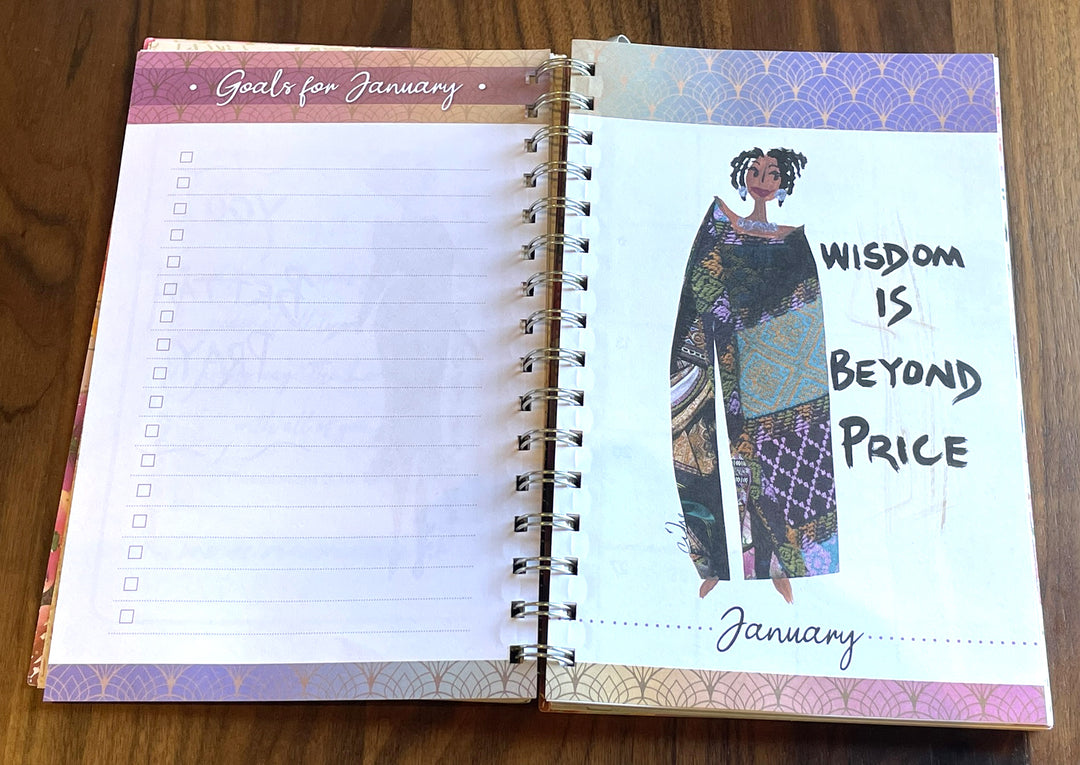 Goals for January checklist and Wisdom Is Beyond Price art, Cidne Wallace