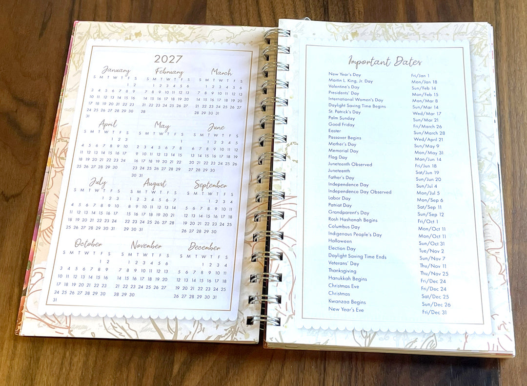 2027 year at a glance and important dates page in Girlfriends planner