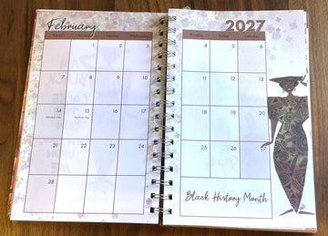 Two-page 2027 monthly calendar with Goals checklist and Cidne Wallace art