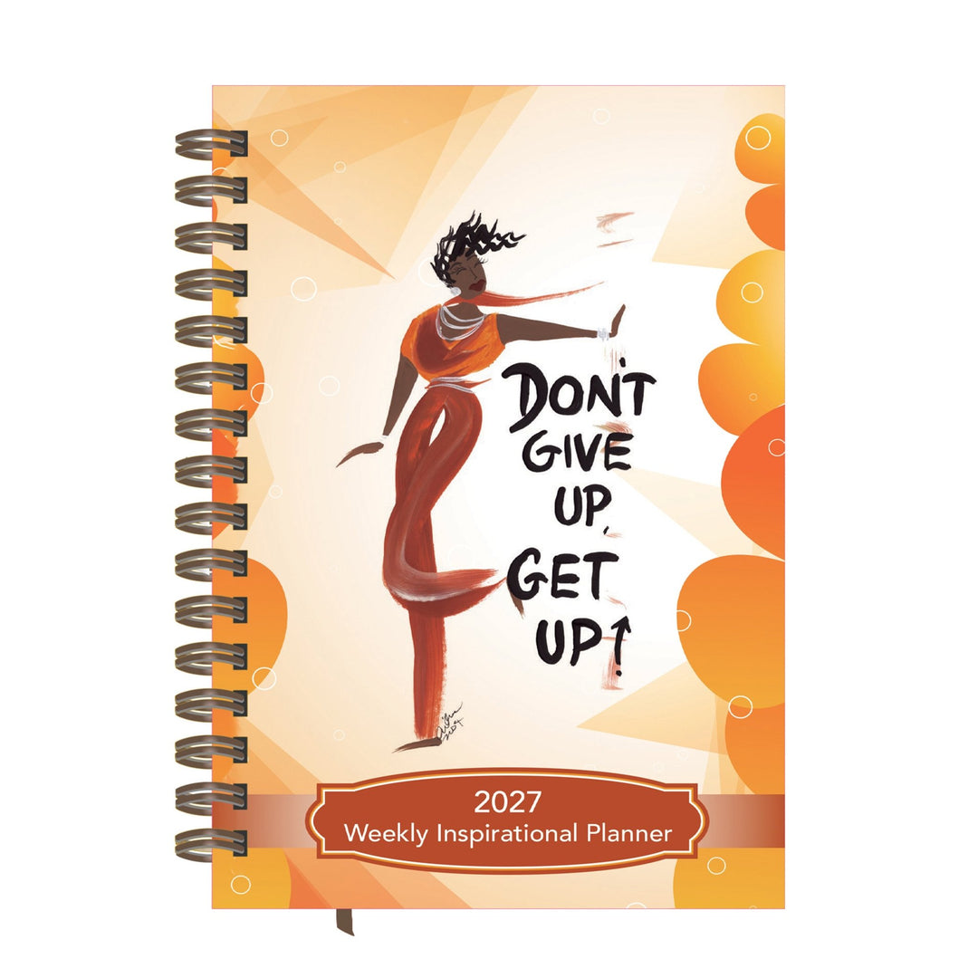 Black woman in burnt orange dancing on Don't Give Up, Get Up! 2027 planner