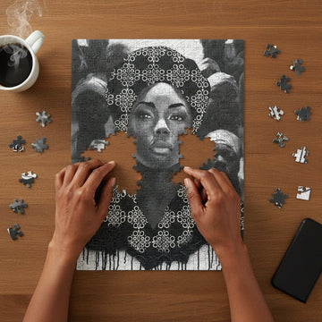 Empowerment Knows No Bounds by Alannah Vincent: Black Art Jigsaw Puzzle (Assembling Puzzle Mock Up) - Person assembling a puzzle of a black and white portrait on a wooden table with a cup of coffee and phone.