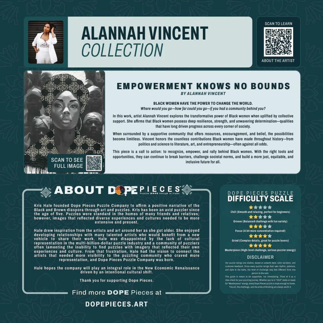 Empowerment Knows No Bounds by Alannah Vincent: Black Art Jigsaw Puzzle (Rear) - Promotional graphic for Alannah Vincent Collection featuring text and images on a dark green background.