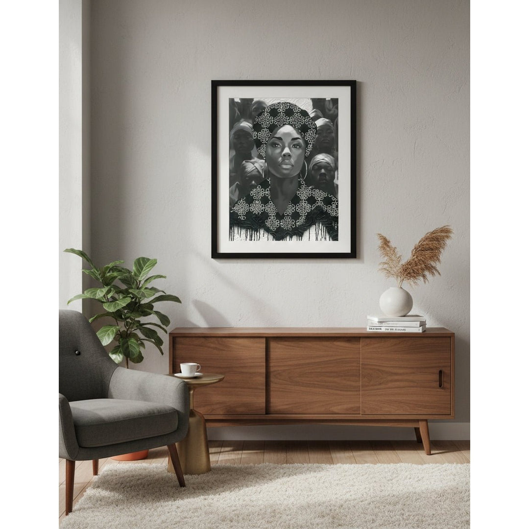 Empowerment Knows No Bounds by Alannah Vincent: Black Art Jigsaw Puzzle (Framed Puzzle Mock Up) - Living room with a wooden cabinet, gray armchair, and framed artwork on the wall.