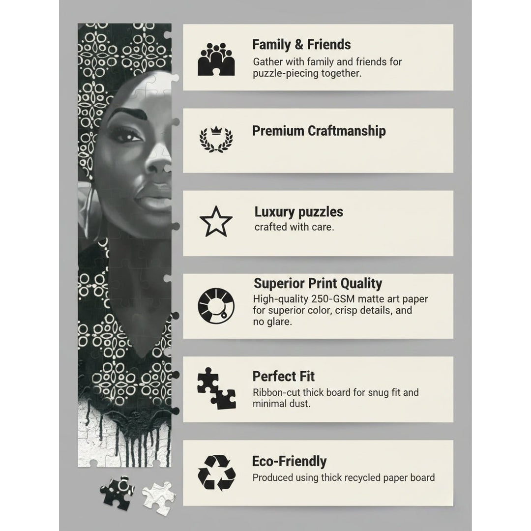 Empowerment Knows No Bounds by Alannah Vincent: Black Art Jigsaw Puzzle (Infographic) - Promotional graphic for a puzzle brand with features and a woman's face on the left.