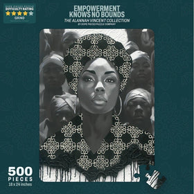 Empowerment Knows No Bounds by Alannah Vincent: Black Art Jigsaw Puzzle (Main) - Jigsaw puzzle packaging with a woman's face and text 'Empowerment Knows No Bounds' on a dark green background.
