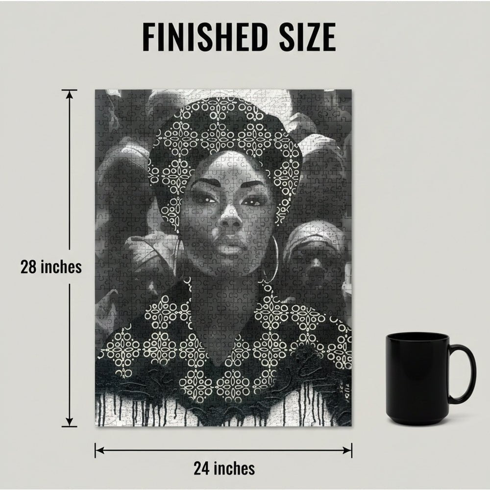 Empowerment Knows No Bounds by Alannah Vincent: Black Art Jigsaw Puzzle (Sizing Guide) - Canvas print of a woman's face with measurements and a mug for scale on a light gray background