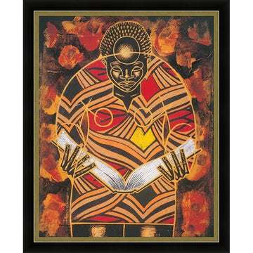 Enlightenment by Larry "Poncho" Brown (Black and Gold Frame) - Artistic depiction of a figure holding books with abstract design elements