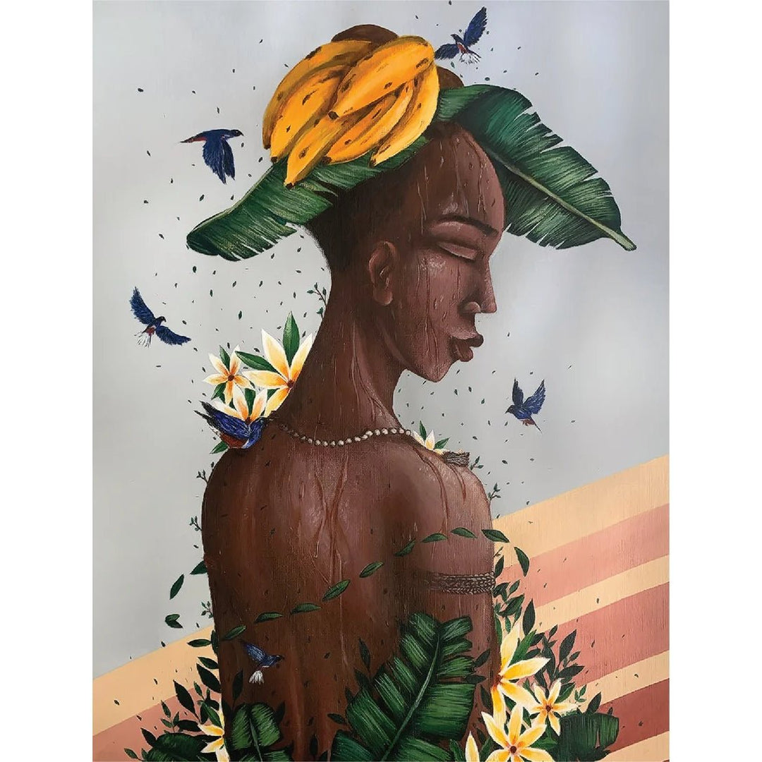 Equilibrium by Alexandre Keto: African American Art Jigsaw Puzzle (Artwork) - Artistic depiction of a woman wearing a hat made of bananas and leaves with flowers and birds around her.