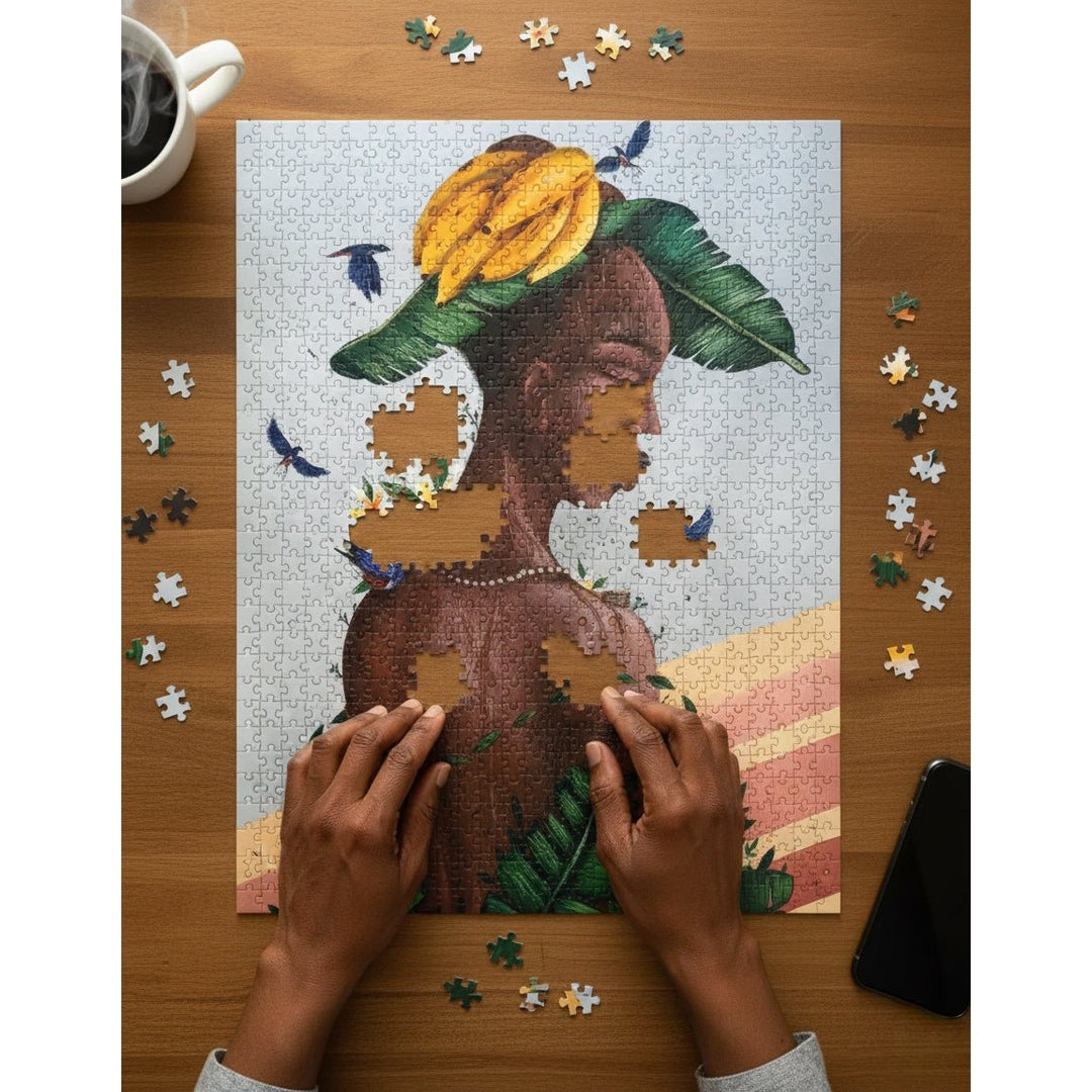 Equilibrium by Alexandre Keto: African American Art Jigsaw Puzzle (Puzzle Assembly Mock Up) - Jigsaw puzzle of a woman with a yellow flower in her hair on a wooden table.