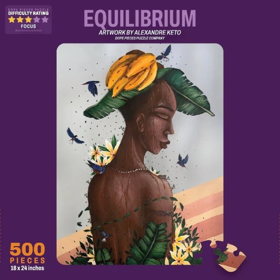 Equilibrium by Alexandre Keto: African American Art Jigsaw Puzzle (Main) - Jigsaw puzzle packaging with artwork of a person wearing a banana leaf hat on a purple background