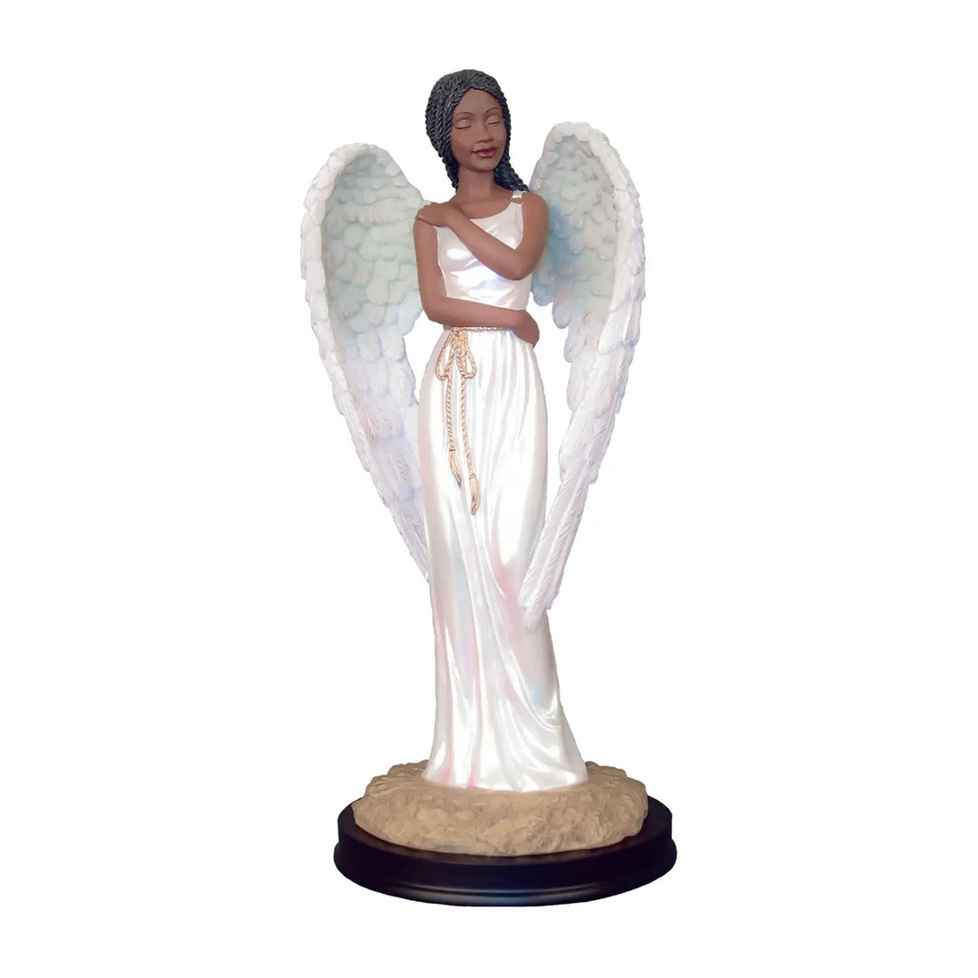 Everlasting Comfort by Stephen Davis: African American Angelic Figurine (Heavenly Visions Collection) - Angel figurine with white wings and a white dress on a beige base against a white background