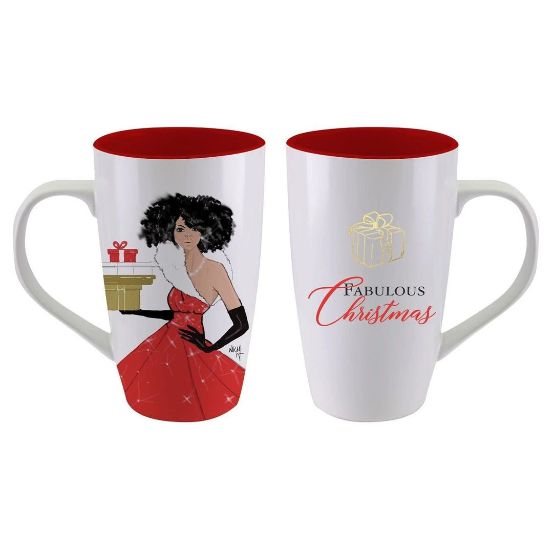 Fabulous Christmas Ceramic Latte Mug by Nicholle Kobi (Main) - Two white ceramic Christmas-themed mugs shown side by side on a white background. The left mug features a graphic illustration of a woman in a red dress with a gift box, and the right mug has a gold gift box icon above the words 'FABULOUS Christmas' in red and black script.