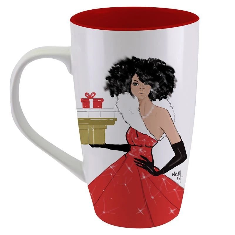 Fabulous Christmas Ceramic Latte Mug by Nicholle Kobi (Rear) - A white ceramic mug with a red interior and handle, featuring a printed illustration of a woman in a red dress with black gloves and a white fur collar, posed next to a gold chest with red gift boxes.