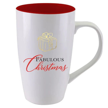 Fabulous Christmas Ceramic Latte Mug by Nicholle Kobi (Front) - A white ceramic mug with a red interior, featuring a gold gift box graphic and the words 'FABULOUS Christmas' printed on the front.