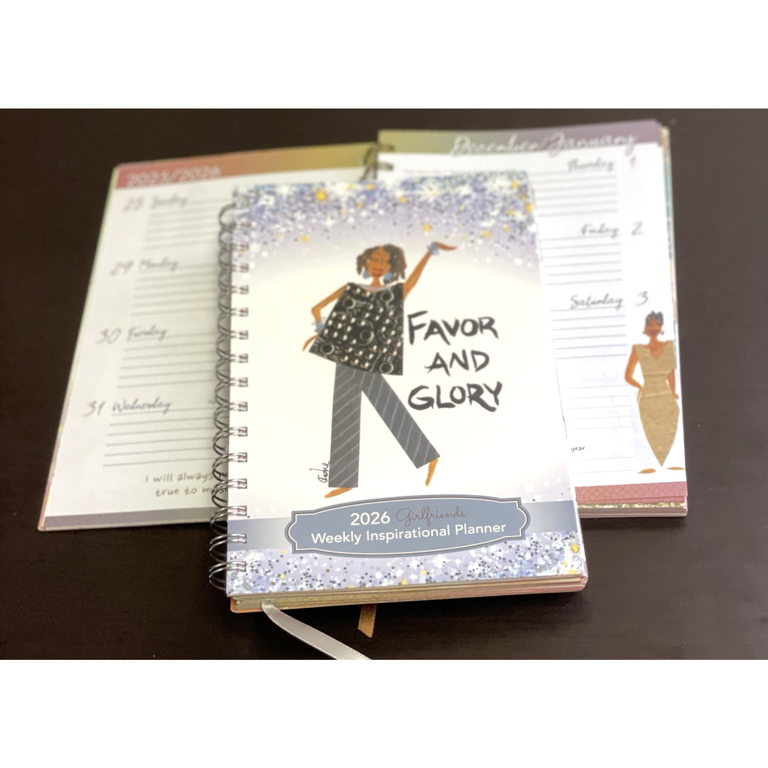 Favor and Glory by Cidne Wallace: 2026 Weekly Inspirational Planner (Lifestyle Combo) - 2026 weekly inspirational planner with a woman illustration on a dark surface