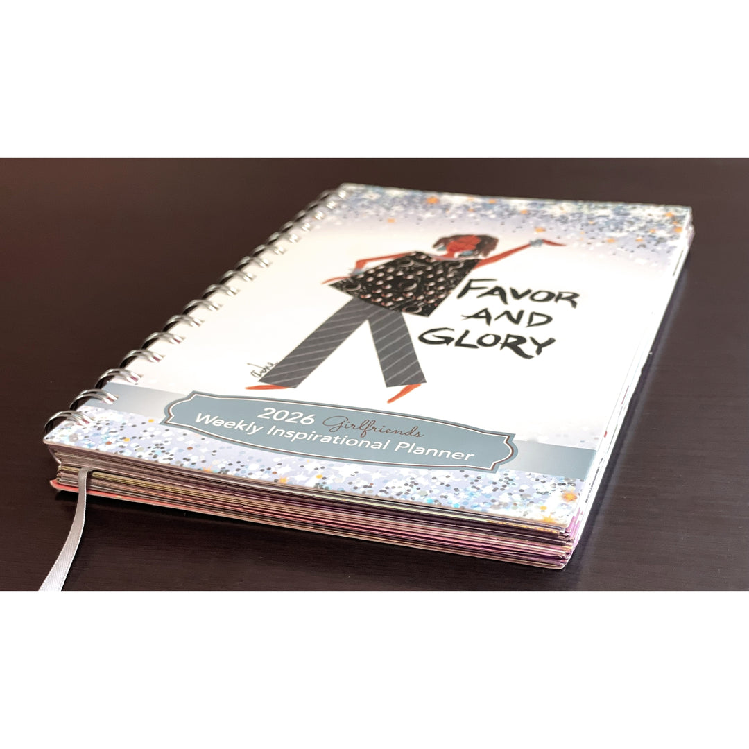 Favor and Glory by Cidne Wallace: 2026 Weekly Inspirational Planner (Lifestyle Front) - Planner with 'Favor and Glory' design on a dark surface