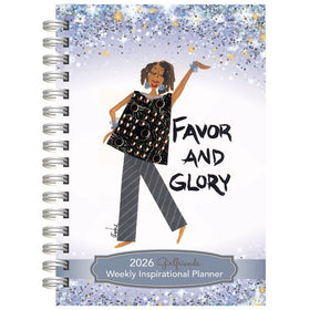 Favor and Glory by Cidne Wallace: 2026 Weekly Inspirational Planner (Main) - Planner with illustration of a woman and 'Favor and Glory' text on a white background.