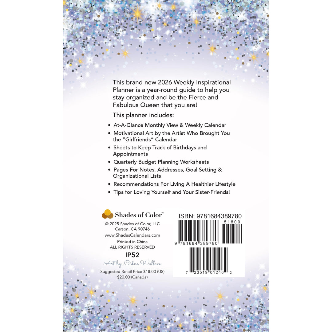 Favor and Glory by Cidne Wallace: 2026 Weekly Inspirational Planner (Back Cover) - Back cover of a planner with text and a barcode on a light purple background with star patterns.