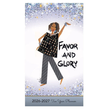 Favor and Glory by Cidne Wallace: 2026-2027 Two Year African American Pocket Calendar (Main) - Two-year planner with illustration of a woman and 'Favor and Glory' text on a starry background
