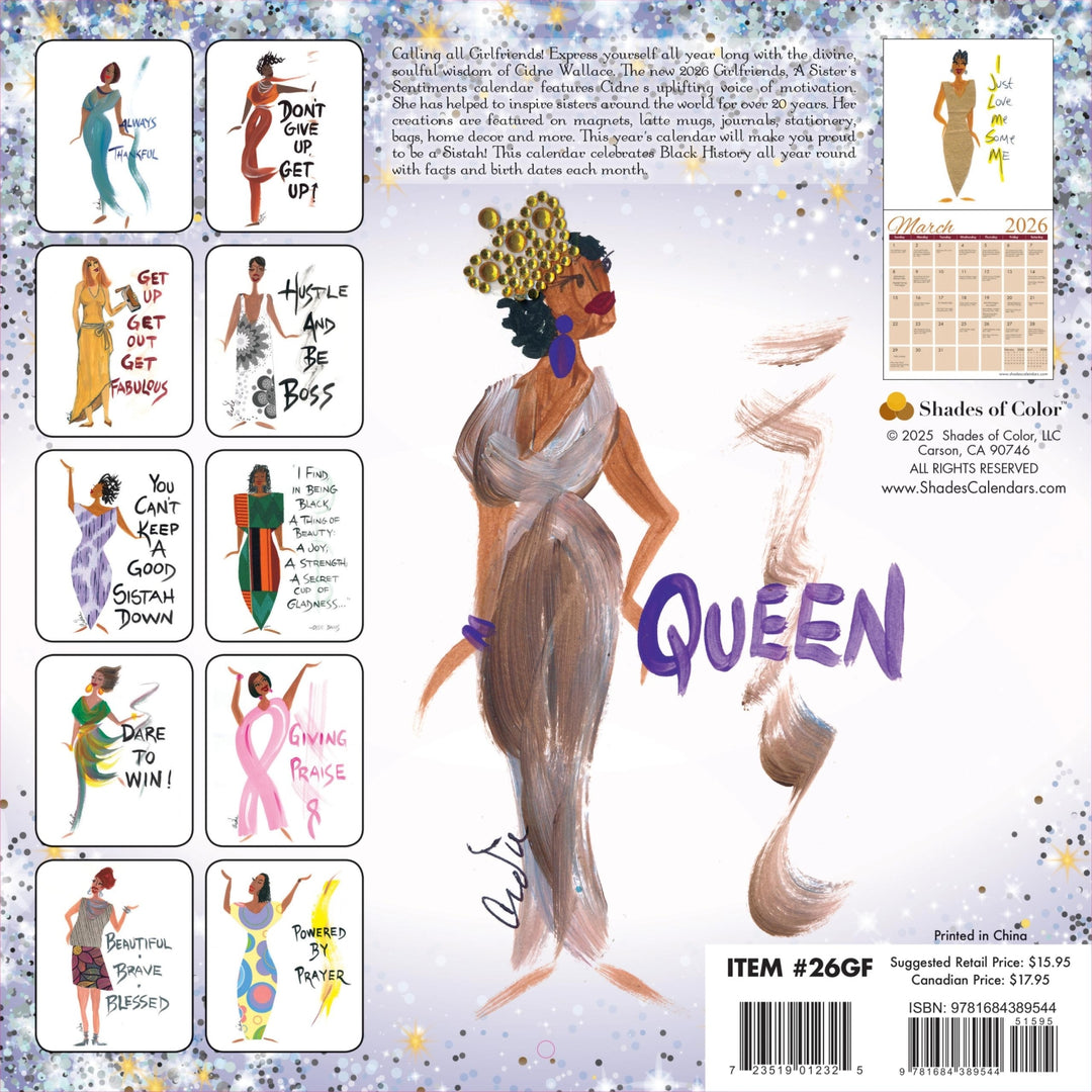 Favor and Glory: Art of Cidne Wallace 2025 Girlfriends Wall Calendar (Rear) - Calendar back cover with artistic illustration of a woman in a flowing dress, surrounded by smaller illustrations and text.