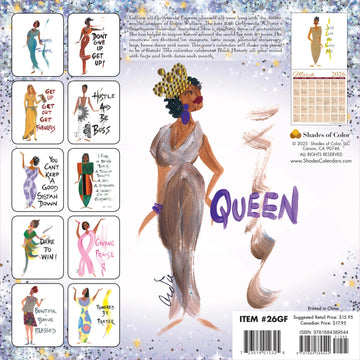 Favor and Glory: Art of Cidne Wallace 2025 Girlfriends Wall Calendar (Rear) - Calendar back cover with artistic illustration of a woman in a flowing dress, surrounded by smaller illustrations and text.