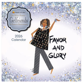Favor and Glory: Art of Cidne Wallace 2025 Girlfriends Wall Calendar (Front) - 2026 calendar cover with a stylized illustration of a woman and text on a sparkling background