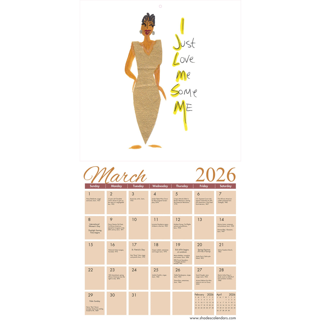 Favor and Glory: Art of Cidne Wallace 2025 Girlfriends Wall Calendar (Inside 3) - Calendar for March 2026 with a stylized woman in a dress and 'I Just Love Me Some Me' text.